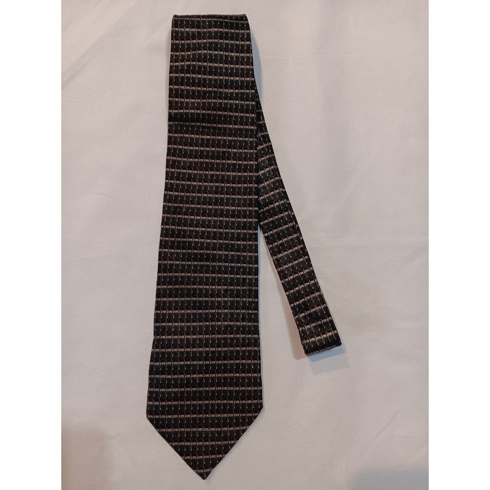 Roundtree & Yorke Mens‎ Silk Necktie Gray Black Geometric Grid Handmade USA Tie